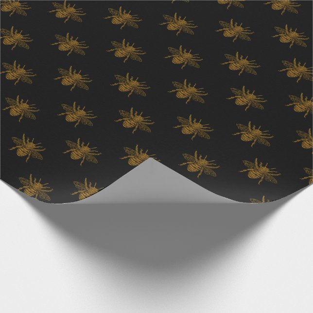 Papier Cadeau Abeilles métalliques d'aluminium d'or sur le noir (Coin)