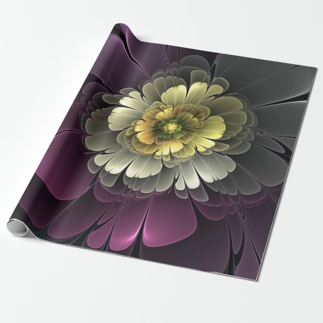 Papier Cadeau Abstrait Purpur moderne Khaki Gris Fleur fractale  (Déroulé)
