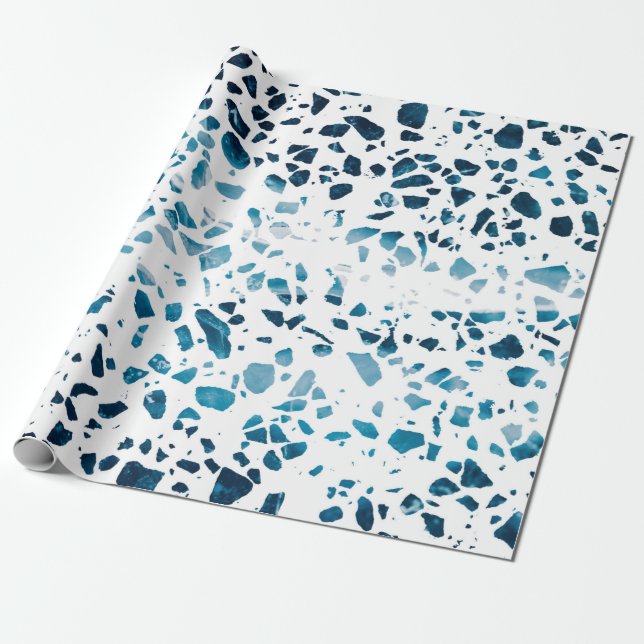 Papier Cadeau Abstrait Terrazzo Mosaic Marine et Motif bleu clai (Déroulé)