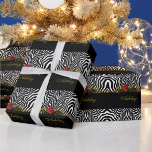 Papier Cadeau Abstraite Fleur Zèbre Rouge Noir Blanc Or        