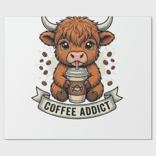 Papier Cadeau Accro au café Vache des Highlands Mignonne Gravure