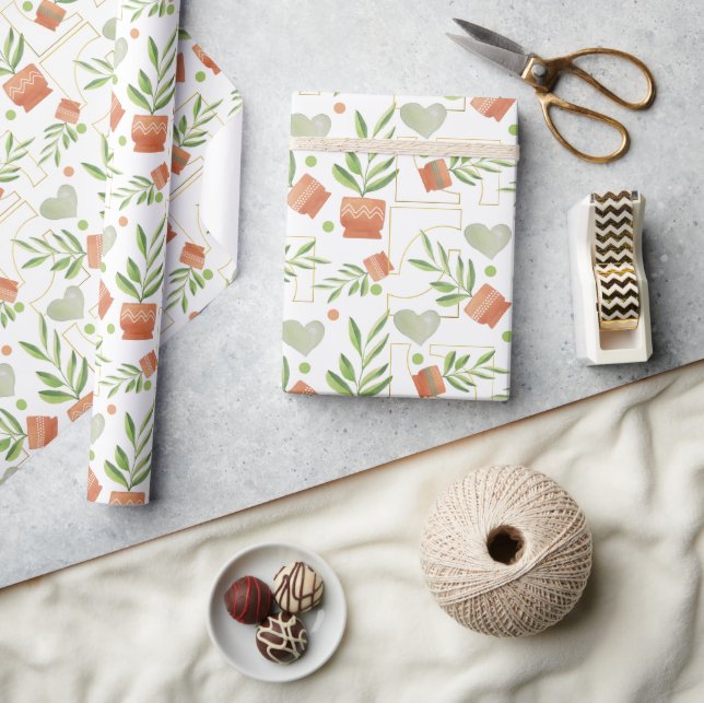 Papier Cadeau Accueil Plantes En Pots Céramiques Motif Aquarelle (Artisanat)