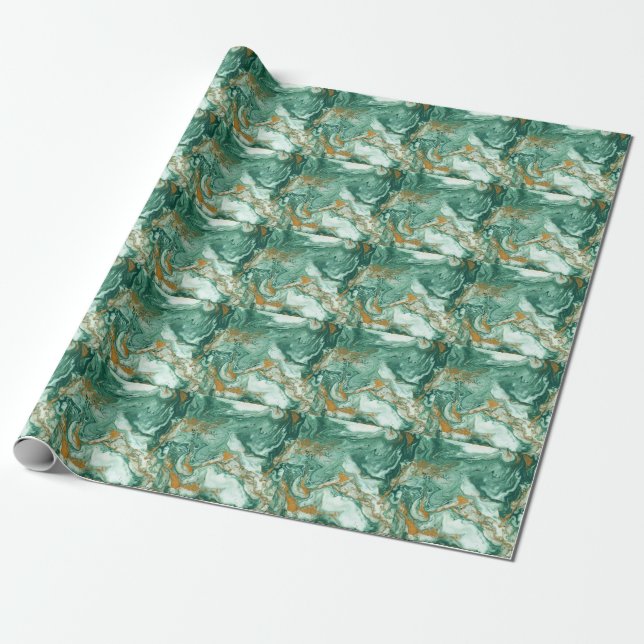 Papier Cadeau Acrylique vert doré : art de la texture marbré. (Déroulé)