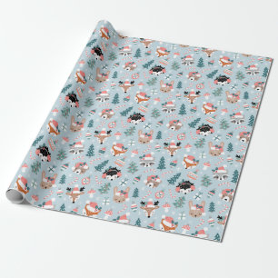Papier Cadeau Adorable Bois Noël Animal Visages Motif