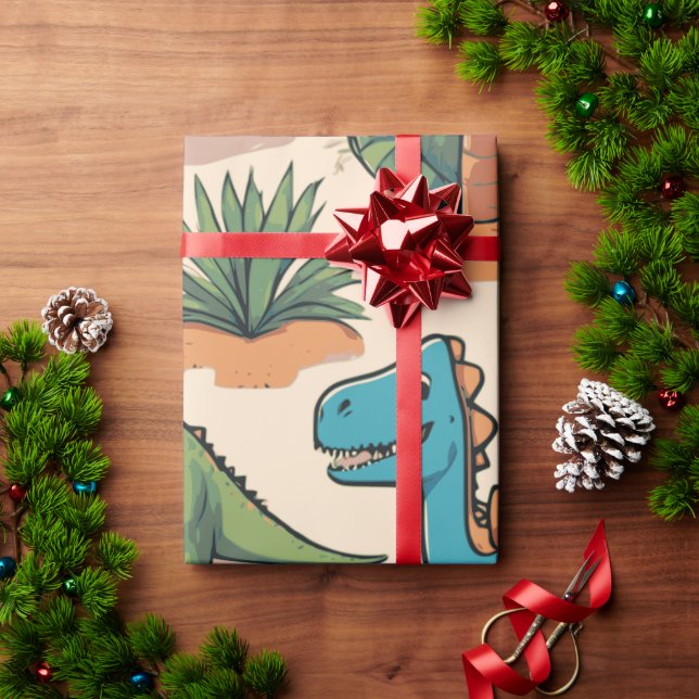 Papier Cadeau Adorable Dinosaures de Dessin sur Cadeau Beige (Cadeau de vacances)
