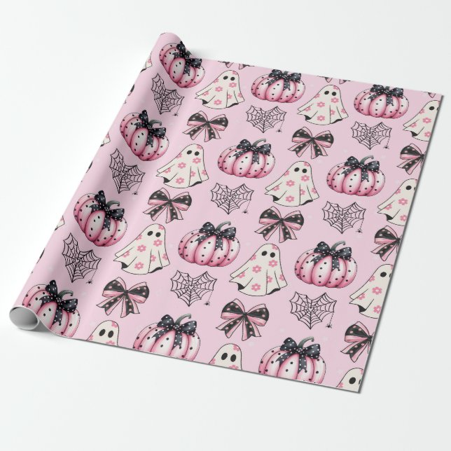 Papier Cadeau Adorable Fantôme rose et Citrouille et vaches Hall (Déroulé)