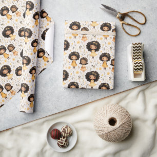 Papier Cadeau Adorable Fille Africaine Américaine avec des Fleur