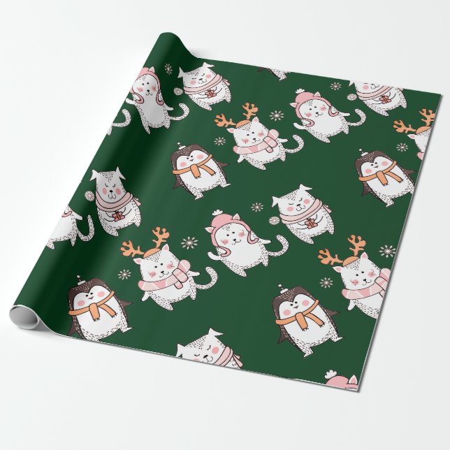 PAPIER CADEAU ADORABLE HAND DRAWN CHRISTMAS ANIMAL CADEAU WRAPPI (Déroulé)