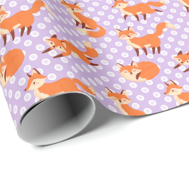 Papier Cadeau Adorable Motif Fox avec Pois violets (Coin rond)