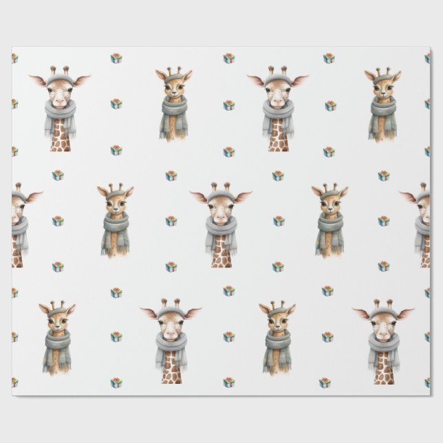 Papier Cadeau Adorable Noël Giraffes sur blanc (Plat)