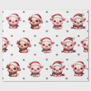 Papier Cadeau Adorable Noël Vacances Kawaii Cochons sur Blanc I
