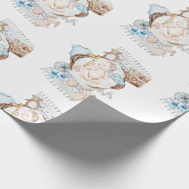 Papier Cadeau Adorable nouveau-né Baby shower bleu bébé (Coin)