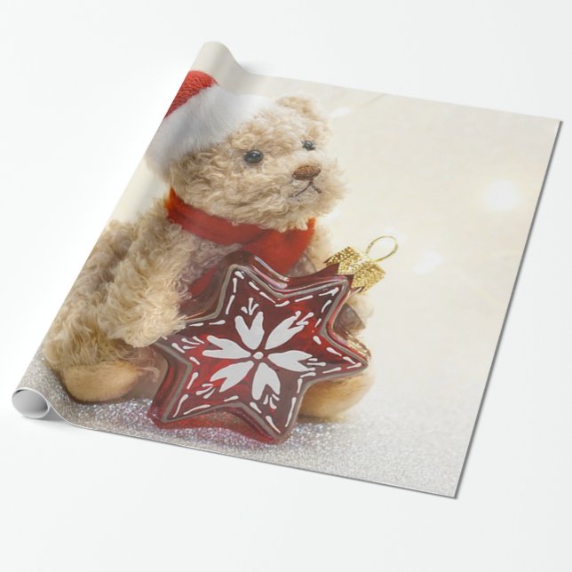 Papier Cadeau Adorable ours en peluche Santa Hat, Vacances (Déroulé)