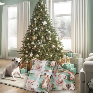 Papier Cadeau Adorable Piebald Pitbull Pups de Noël Mint Green