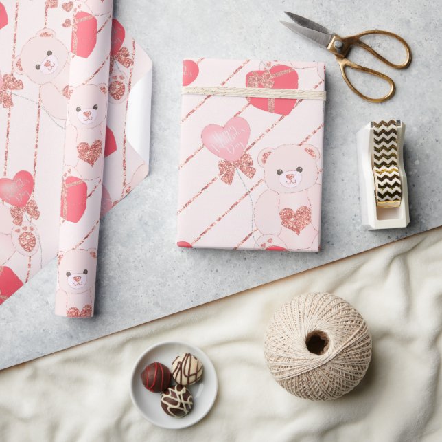 Papier Cadeau Adorable Teddy Bear Parties scintillant Coeurs ros (Artisanat)