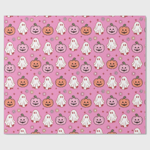 Papier Cadeau Adorables fantômes et citrouilles Halloween rose