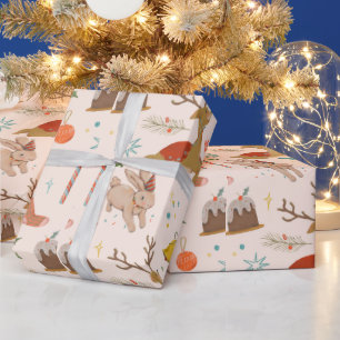 Papier Cadeau Adorables Lapins De Noël Et Rennes