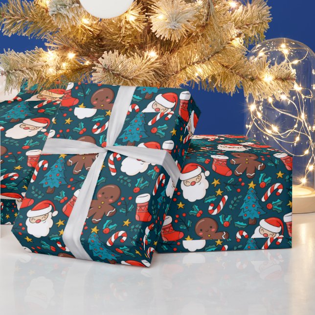 Papier Cadeau Adorables Santas De Noël Et Hommes En Pain D'Or (Vacances)