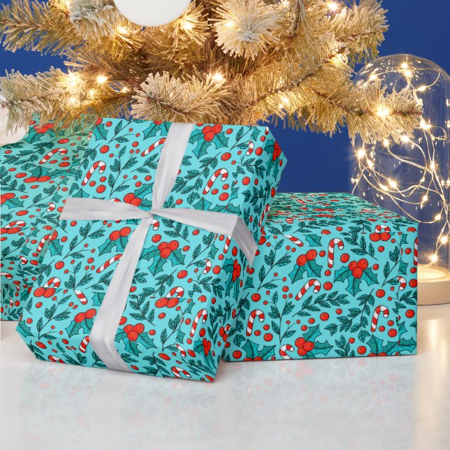 Papier Cadeau Adorables Sucres de canne De Noël Et Cerises (Vacances)