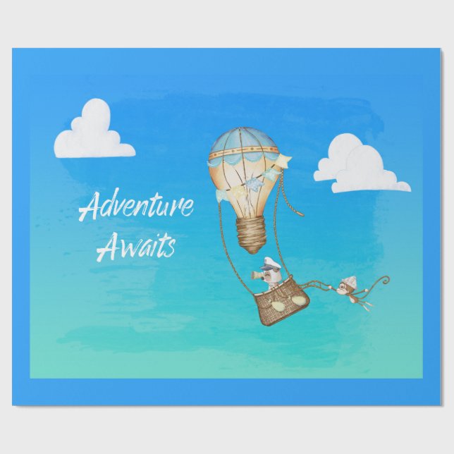 Papier Cadeau Adventure Attend Hot Air Balloon Singes Animaux (Plat)