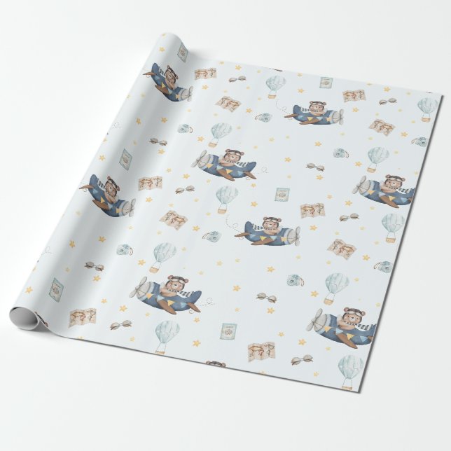 Papier Cadeau Adventure Cute Aviation Bear Blue Plane (Déroulé)