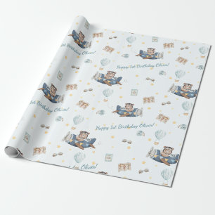 Papier Cadeau Adventure Cute Aviation Bear Blue Plane Custom