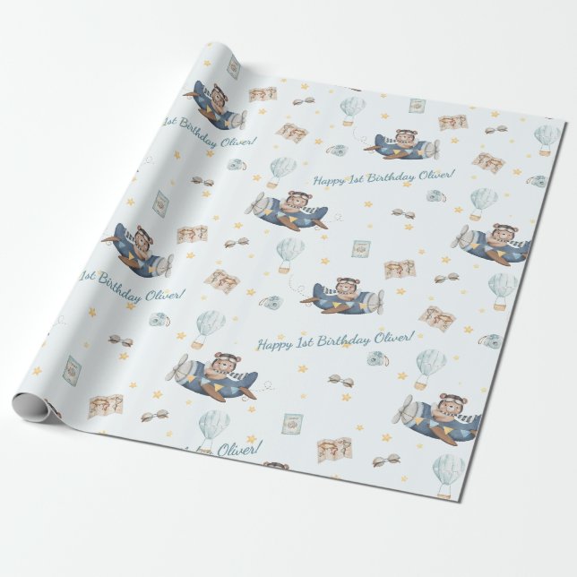 Papier Cadeau Adventure Cute Aviation Bear Blue Plane Custom (Déroulé)