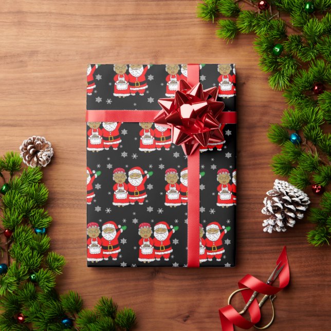 Papier Cadeau Afro-Américain M. et Mme Santa Claus Noël (Cadeau de vacances)