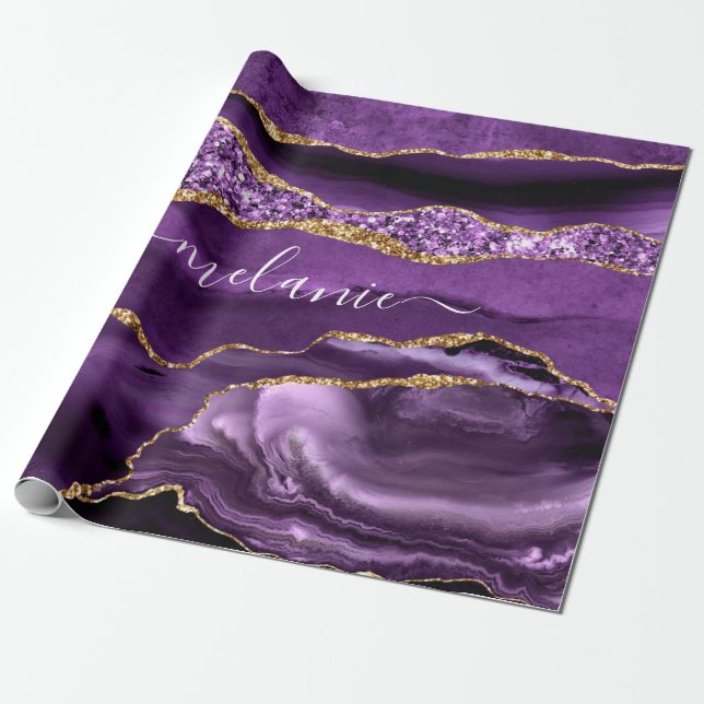 Papier Cadeau Agate Purple Gold Nom personnalisé Papier d'emball (Déroulé)