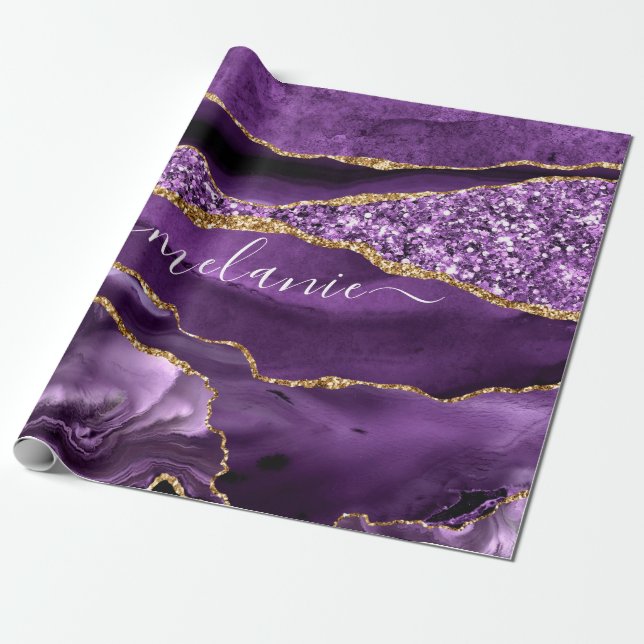 Papier Cadeau Agate Purple Marbre Nom personnalisé Papier d'enve (Déroulé)