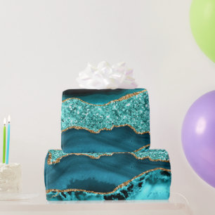 Papier Cadeau Agate Turquoise Blue Gold Parties scintillant Marb