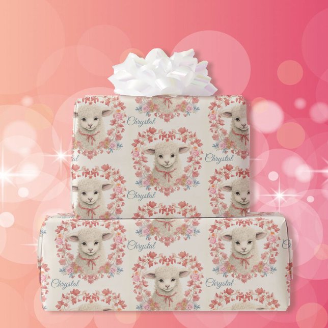 Papier Cadeau Agneau de bébé doux Ajouter le nom de l'enfant Pri (Créateur téléchargé)