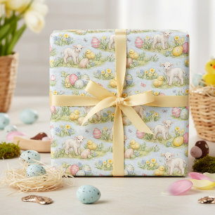 Papier Cadeau Agneau de Pâques et poussin aquarelle florale prin