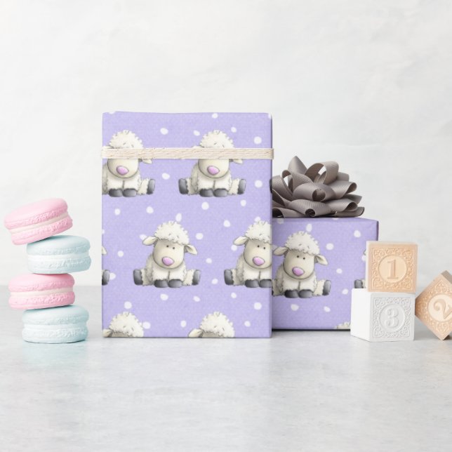 Papier Cadeau Agneaux Pour Bébés À Pois Violets (Baby Shower)
