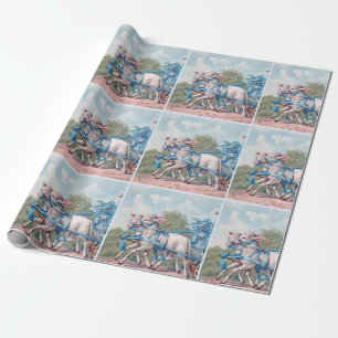 Papier Cadeau Agneaux vintages habillés de rubans bleus fantaisi