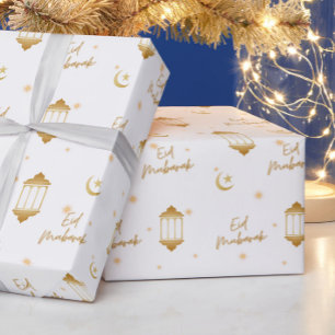 Papier Cadeau Aïd Moubarak Blanc + Lanternes Élégantes Or + Lune