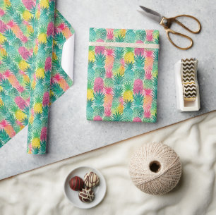 Papier Cadeau Aigenilles tropicales rose jaune orange vert