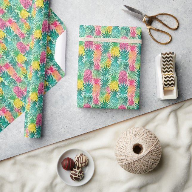 Papier Cadeau Aigenilles tropicales rose jaune orange vert (Artisanat)