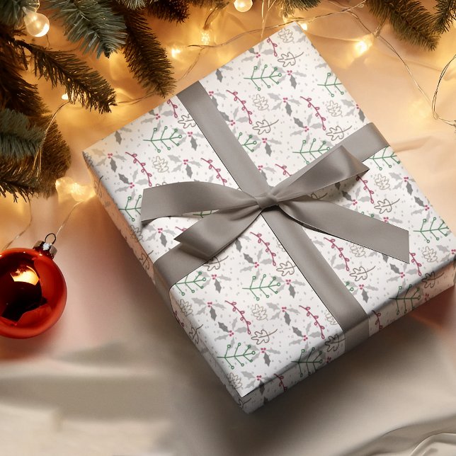 Papier Cadeau Aiguilles de pin vert foncé Motif Red Holly Berrie (Créateur téléchargé)