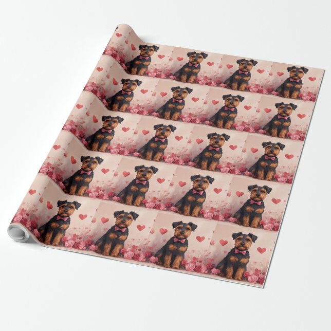 Papier Cadeau Airedale avec des Roses - Saint-Valentin (Déroulé)
