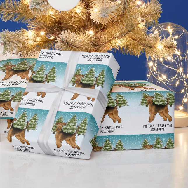 Papier Cadeau Airedale Terrier Chien Snowy Winter Forest Festive (Vacances)