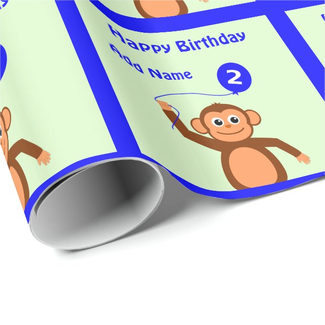 Papier Cadeau Ajouter le nom singe 2e anniversaire aqua (Coin rond)