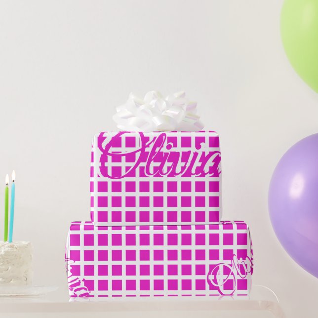 Papier Cadeau Ajouter un nom Motif moderne blanc et rose chaud (Cadeaux de fête)