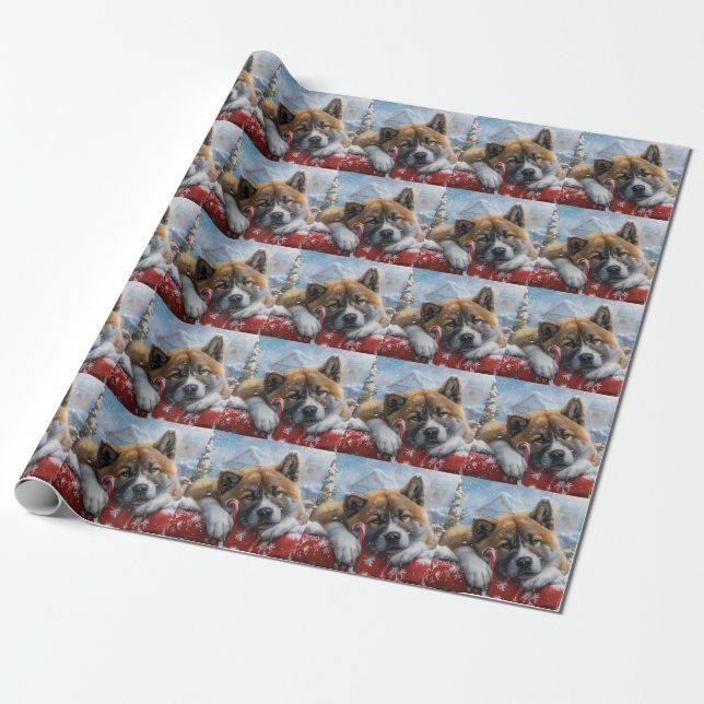 Papier Cadeau Akita Chien Festive de Noël (Déroulé)