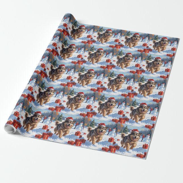 Papier Cadeau Alaskan Malamute Noël Festive Scène de neige (Déroulé)