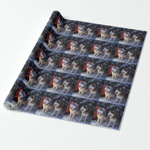 Papier Cadeau Alaskien Malamute Snowy Sleigh Ride Noël