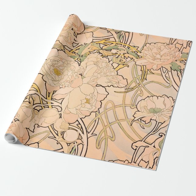 Papier Cadeau Alfonse Mucha Art Nouveau Peonies (Déroulé)