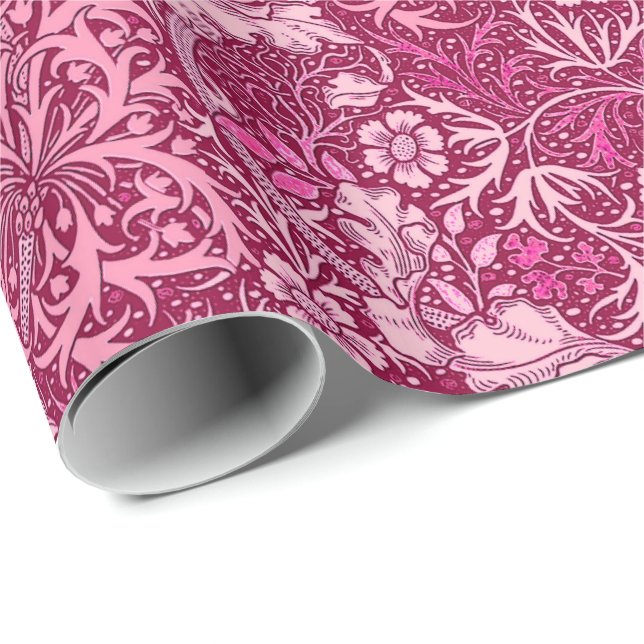 Papier Cadeau Algue de Nouveau d'art florale, rose de fuchsia (Coin rond)
