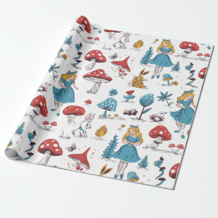 Papier Cadeau Alice au pays des merveilles Lapin Champignons rou
