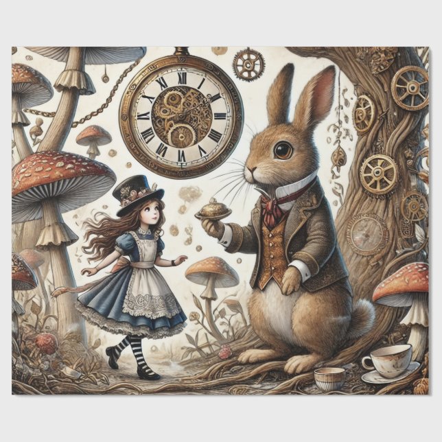 Papier Cadeau Alice au pays des merveilles Thé Art lapin blanc (Plat)